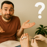 A man looking uncertain while receiving a pedicure — reflecting common doubts men have about salon treatments