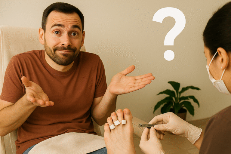 A man looking uncertain while receiving a pedicure — reflecting common doubts men have about salon treatments