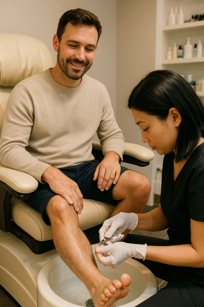 Man enjoying a professional pedicure at a UK salon.
