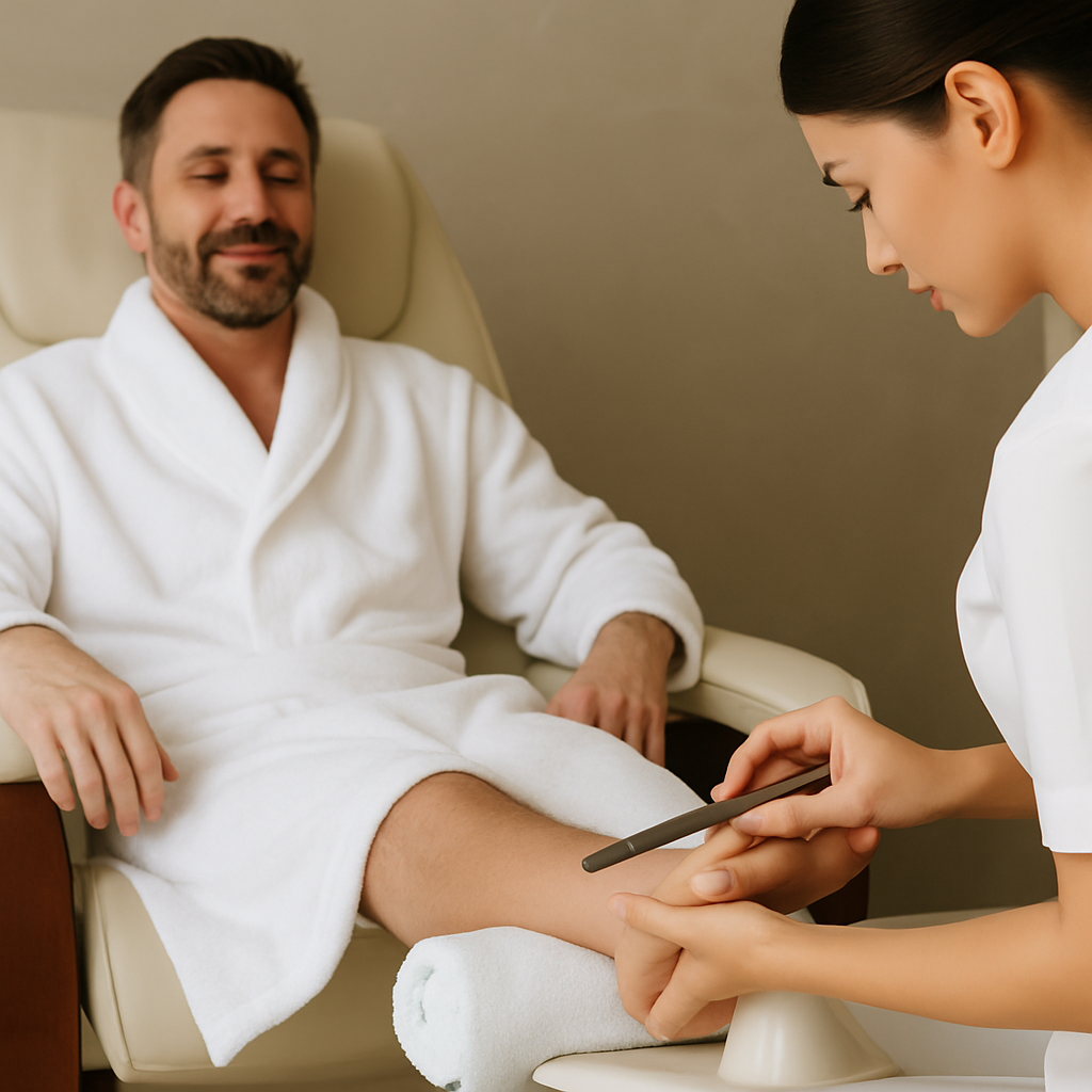 Man receiving a professional pedicure at a salon in the UK
